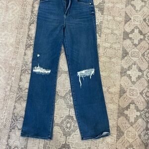 Express Dark Blue Distressed Straight-Leg Jeans
